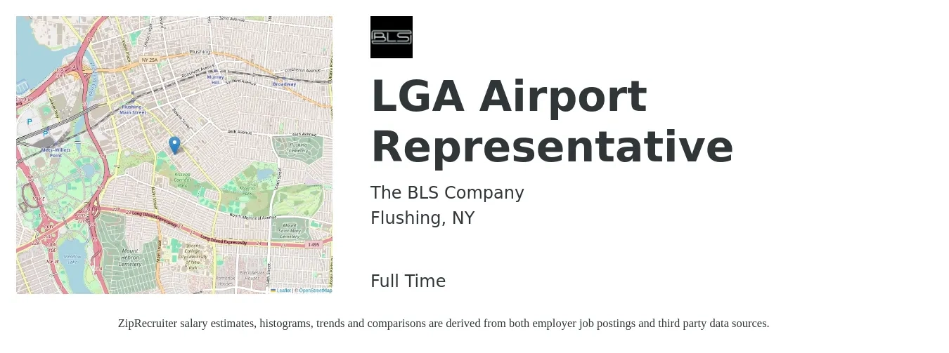 The BLS Company job posting for a LGA Airport Representative in Flushing, NY with a salary of $15 to $18 Hourly with a map of Flushing location.
