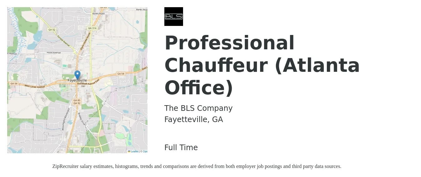 The BLS Company job posting for a Professional Chauffeur (Atlanta Office) in Fayetteville, GA with a salary of $18 to $27 Hourly with a map of Fayetteville location.