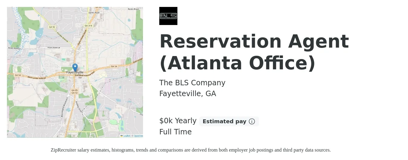 The BLS Company job posting for a Reservation Agent (Atlanta Office) in Fayetteville, GA with a salary of $15 to $16 Yearly with a map of Fayetteville location.