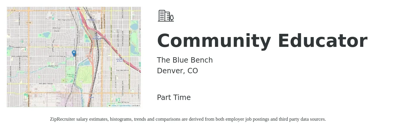 The Blue Bench job posting for a Community Educator in Denver, CO with a salary of $19 to $20 Hourly with a map of Denver location.