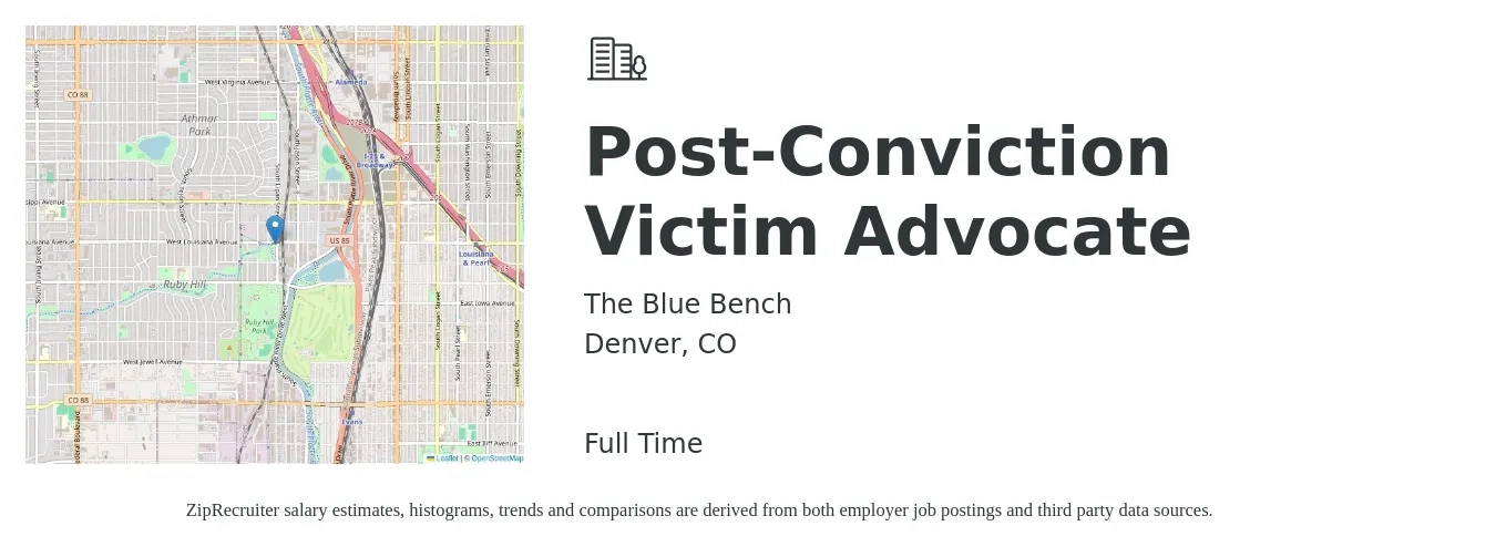 The Blue Bench job posting for a Post-Conviction Victim Advocate in Denver, CO with a salary of $43,400 to $62,900 Yearly with a map of Denver location.