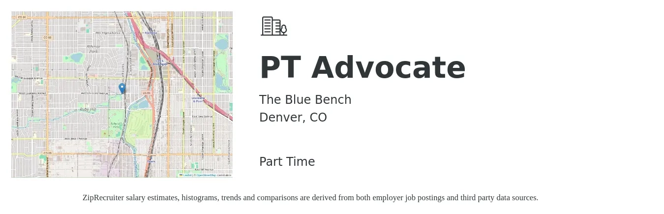 The Blue Bench job posting for a PT Advocate in Denver, CO with a salary of $17 Hourly with a map of Denver location.