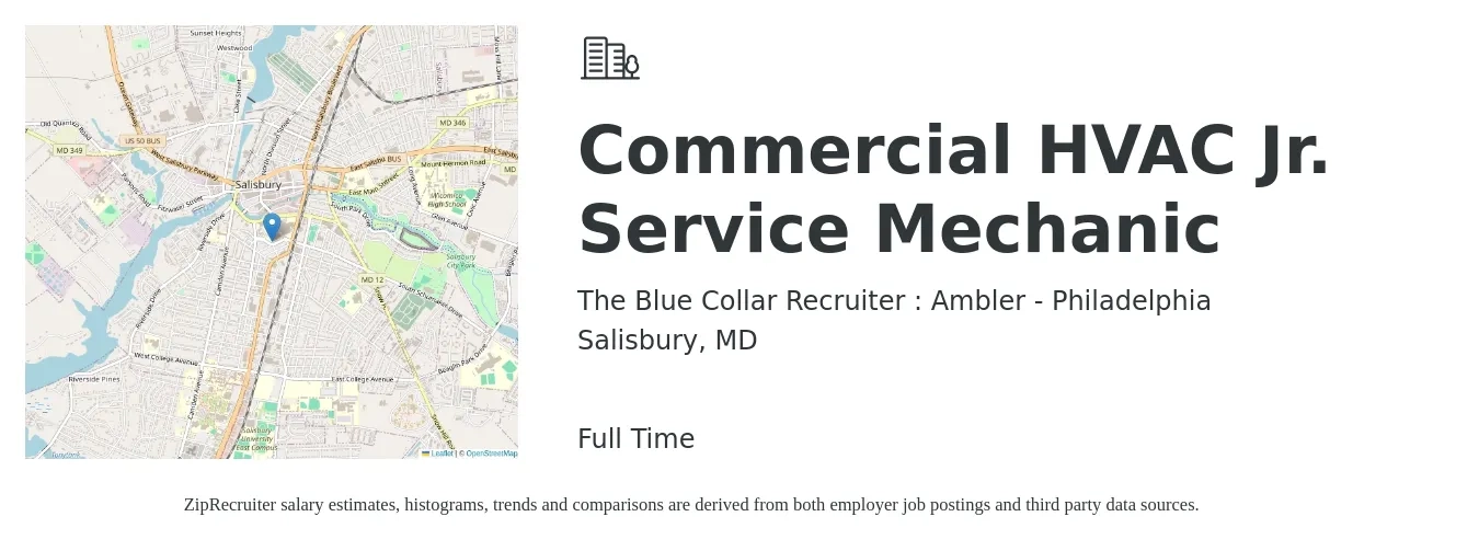 The Blue Collar Recruiter : Ambler - Philadelphia job posting for a Commercial HVAC Jr. Service Mechanic in Salisbury, MD with a salary of $24 to $32 Hourly with a map of Salisbury location.