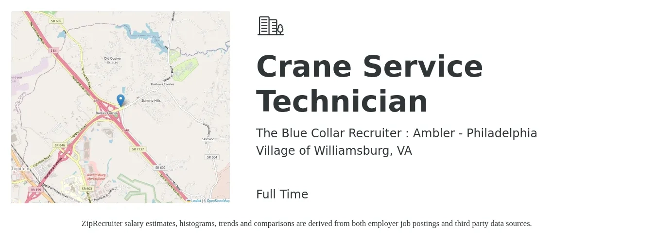 The Blue Collar Recruiter : Ambler - Philadelphia job posting for a Crane Service Technician in Village of Williamsburg, VA with a salary of $24 to $33 Hourly with a map of Village of Williamsburg location.