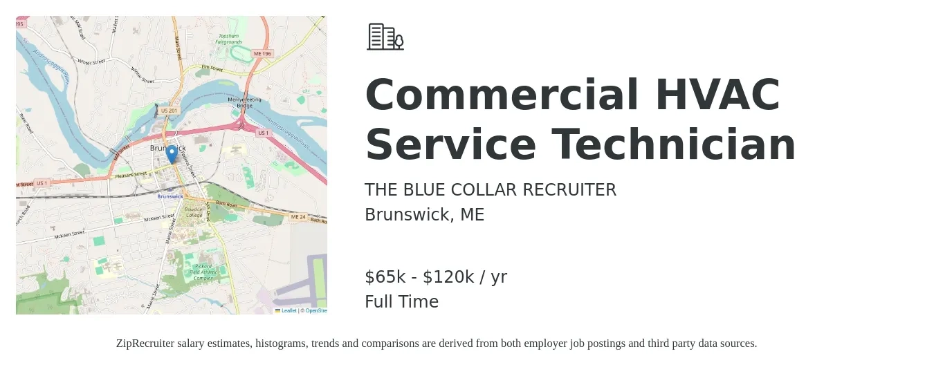 THE BLUE COLLAR RECRUITER job posting for a Commercial HVAC Service Technician in Brunswick, ME with a salary of $65,000 to $120,000 Yearly with a map of Brunswick location.