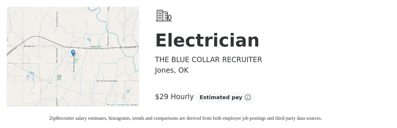 THE BLUE COLLAR RECRUITER job posting for a Electrician in Jones, OK with a salary of $31 Hourly with a map of Jones location.