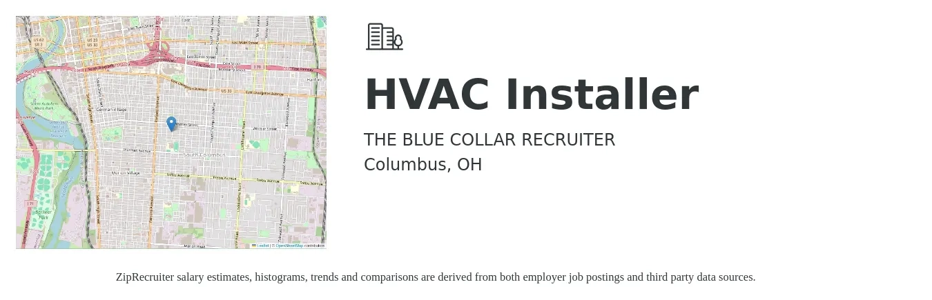 THE BLUE COLLAR RECRUITER job posting for a HVAC Installer in Columbus, OH with a salary of $21 to $32 Hourly with a map of Columbus location.