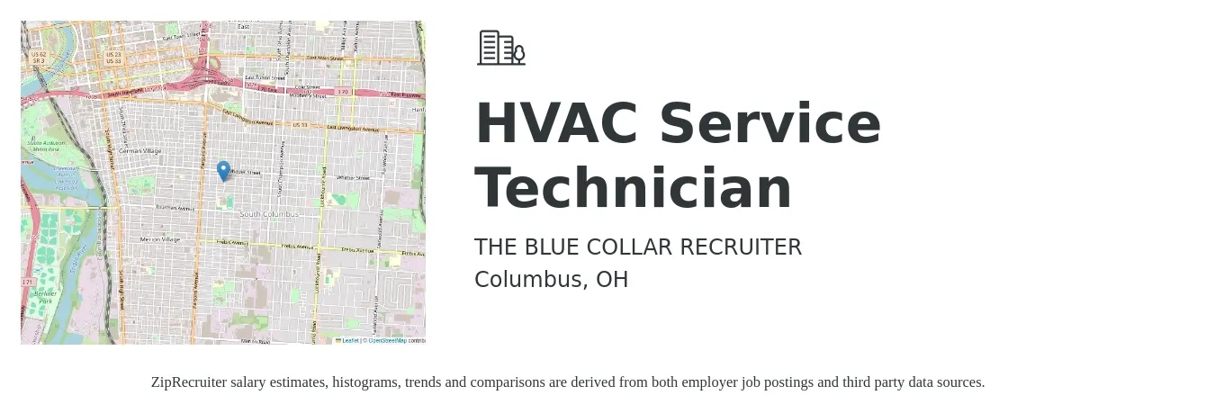 THE BLUE COLLAR RECRUITER job posting for a HVAC Service Technician in Columbus, OH with a salary of $24 to $34 Hourly with a map of Columbus location.