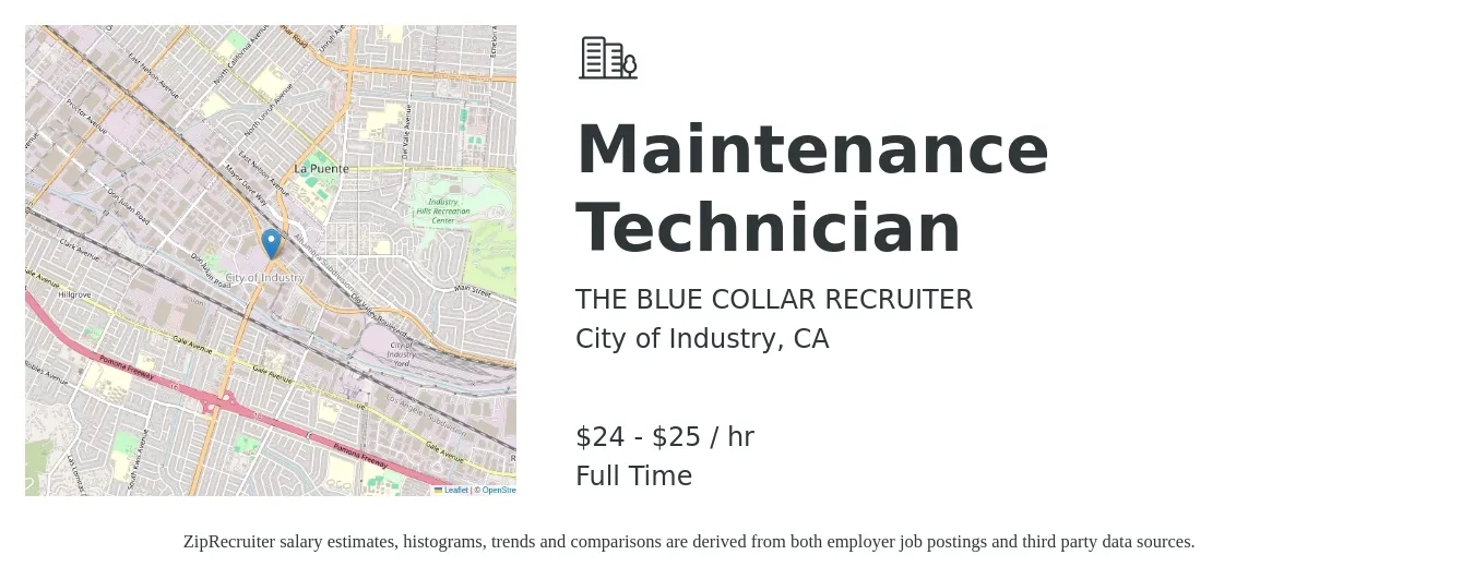 THE BLUE COLLAR RECRUITER job posting for a Maintenance Technician in City of Industry, CA with a salary of $25 to $27 Hourly with a map of City of Industry location.