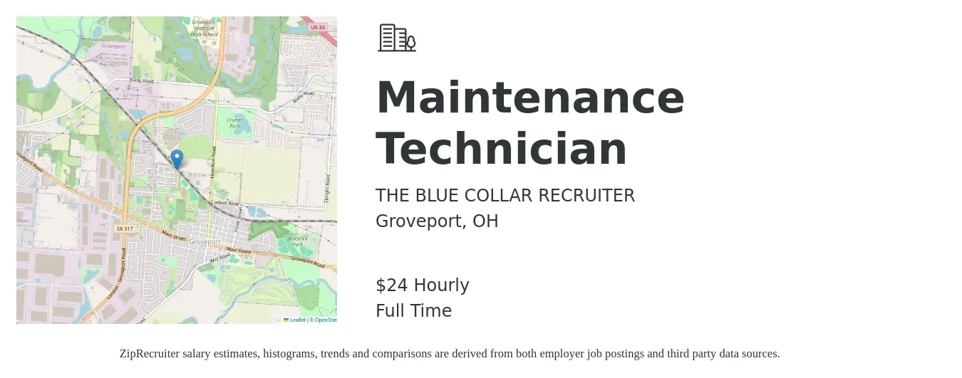 THE BLUE COLLAR RECRUITER job posting for a Maintenance Technician in Groveport, OH with a salary of $25 Hourly with a map of Groveport location.