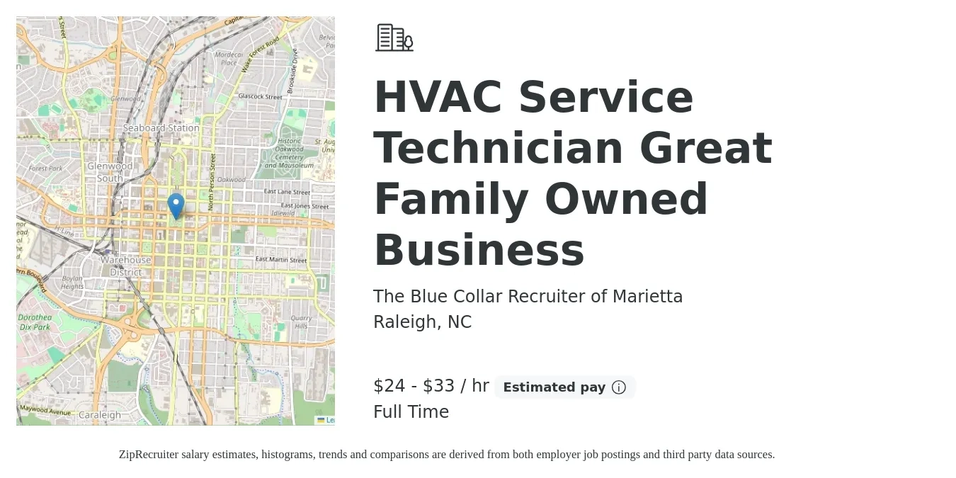 The Blue Collar Recruiter of Marietta job posting for a HVAC Service Technician Great Family Owned Business in Raleigh, NC with a salary of $25 to $35 Hourly with a map of Raleigh location.