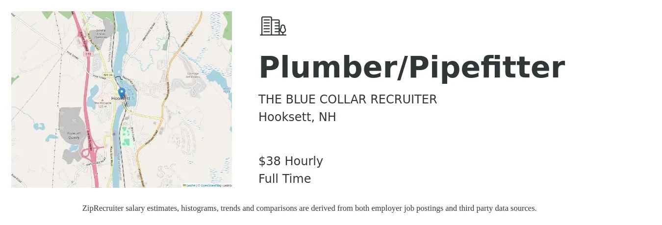 THE BLUE COLLAR RECRUITER job posting for a Plumber/Pipefitter in Hooksett, NH with a salary of $40 Hourly with a map of Hooksett location.