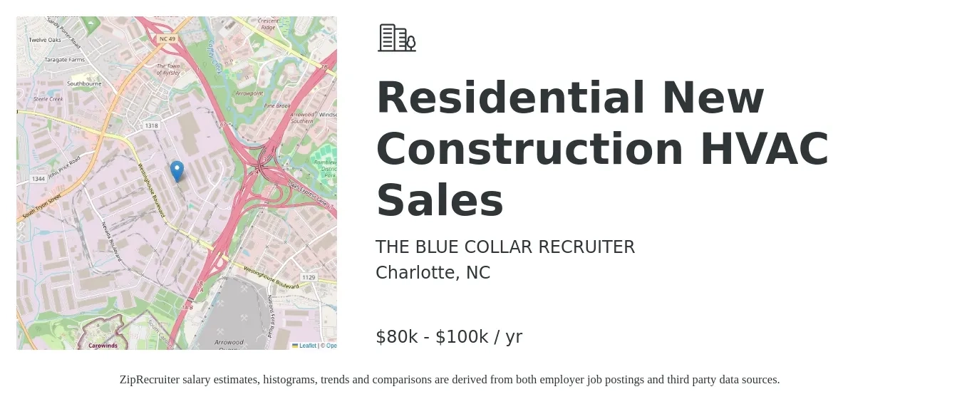THE BLUE COLLAR RECRUITER job posting for a Residential New Construction HVAC Sales in Charlotte, NC with a salary of $80,000 to $100,000 Yearly with a map of Charlotte location.