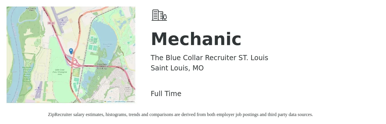 The Blue Collar Recruiter ST. Louis job posting for a Mechanic in Saint Louis, MO with a salary of $20 to $28 Hourly with a map of Saint Louis location.