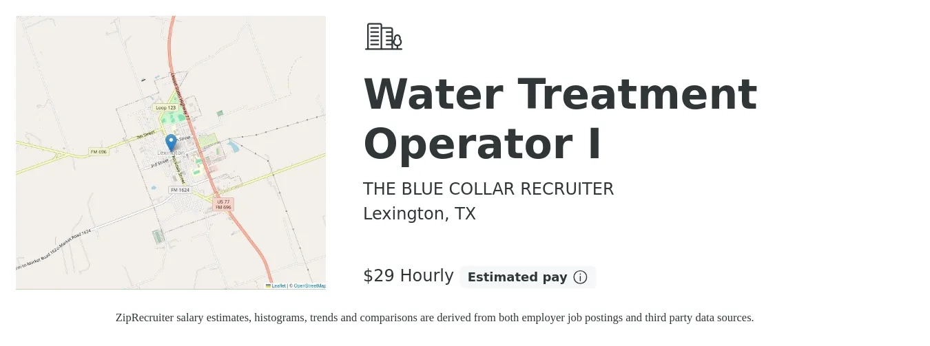 THE BLUE COLLAR RECRUITER job posting for a Water Treatment Operator I in Lexington, TX with a salary of $16 to $26 Hourly with a map of Lexington location.