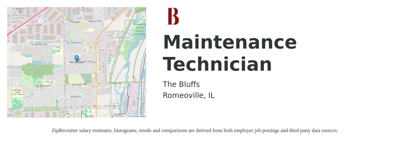 The Bluffs job posting for a Maintenance Technician in Romeoville, IL with a salary of $20 to $27 Hourly with a map of Romeoville location.