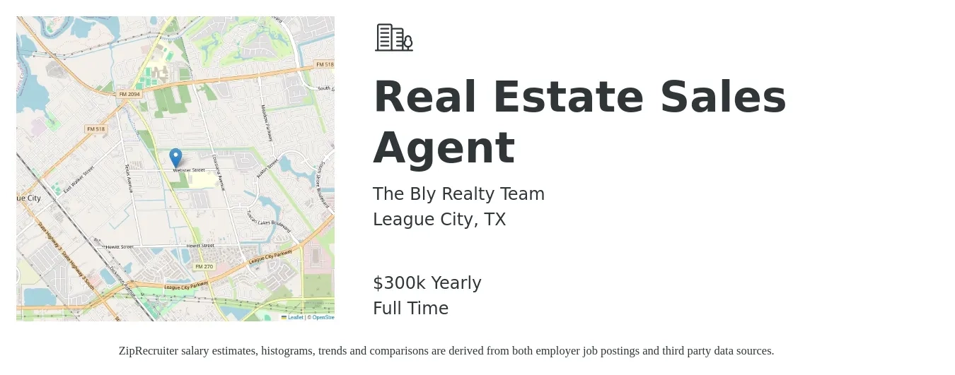 The Bly Realty Team job posting for a Real Estate Sales Agent in League City, TX with a salary of $300,000 Yearly with a map of League City location.