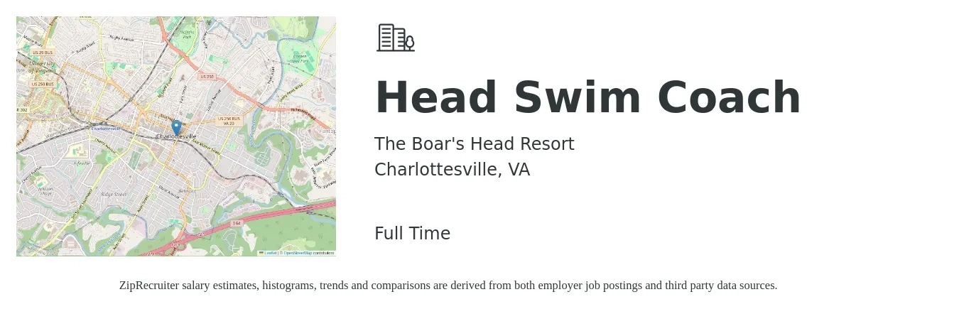 The Boar's Head Resort job posting for a Head Swim Coach in Charlottesville, VA with a salary of $19 to $24 Hourly with a map of Charlottesville location.