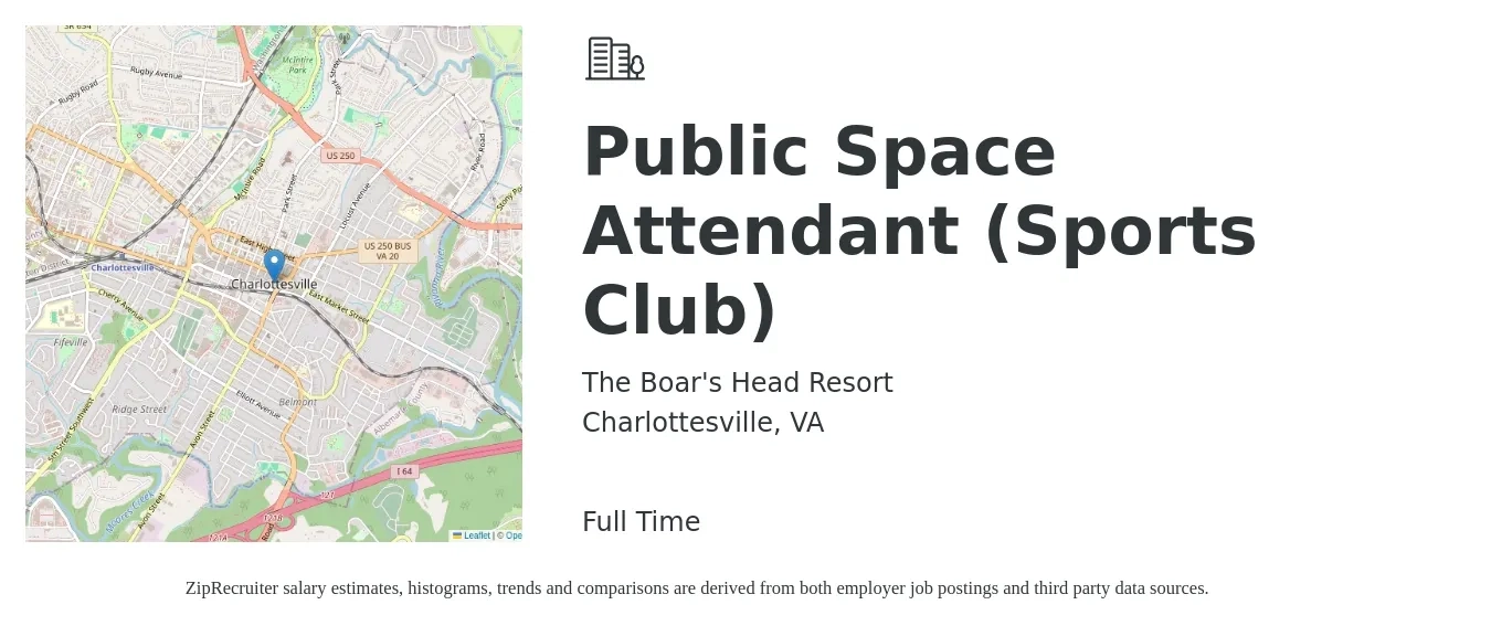 The Boar's Head Resort job posting for a Public Space Attendant (Sports Club) in Charlottesville, VA with a salary of $14 to $17 Hourly with a map of Charlottesville location.