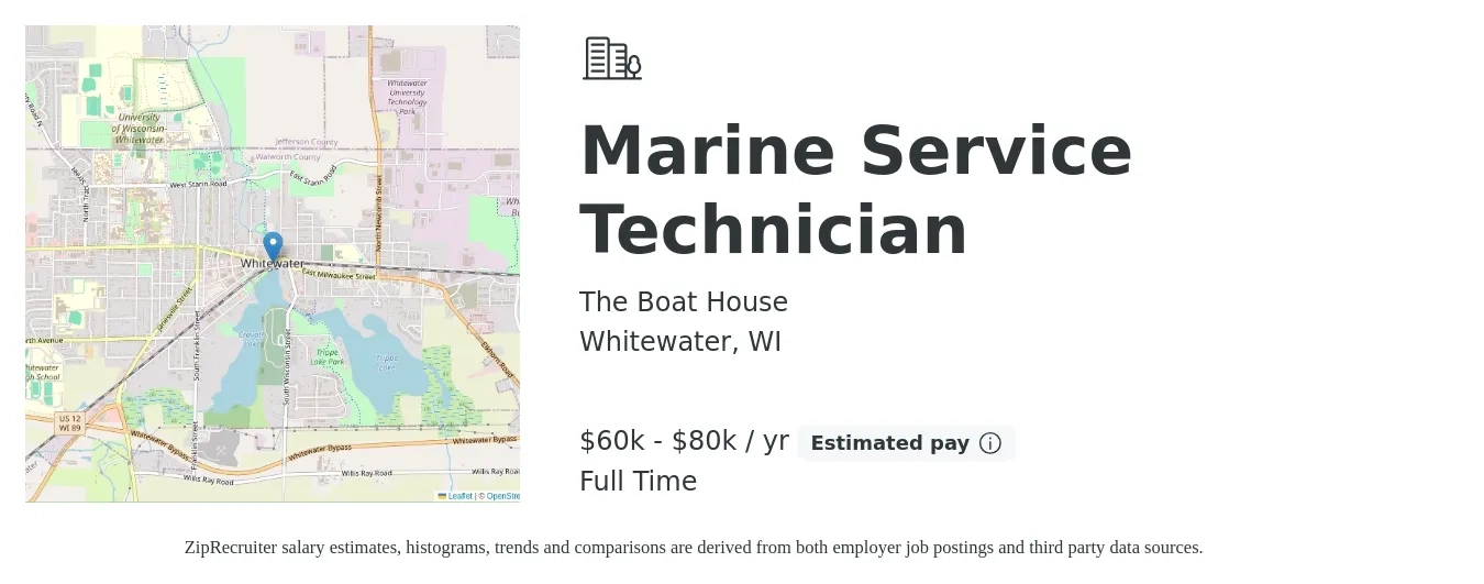 The Boat House job posting for a Marine Service Technician in Whitewater, WI with a salary of $60,000 to $80,000 Yearly with a map of Whitewater location.