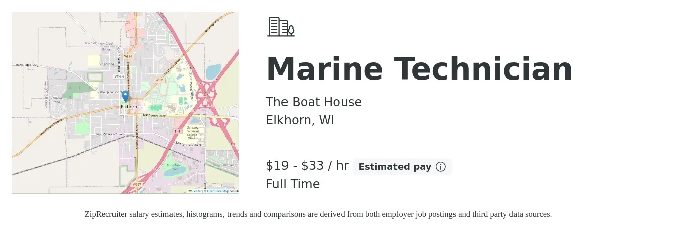 The Boat House job posting for a Marine Technician in Elkhorn, WI with a salary of $20 to $35 Hourly with a map of Elkhorn location.