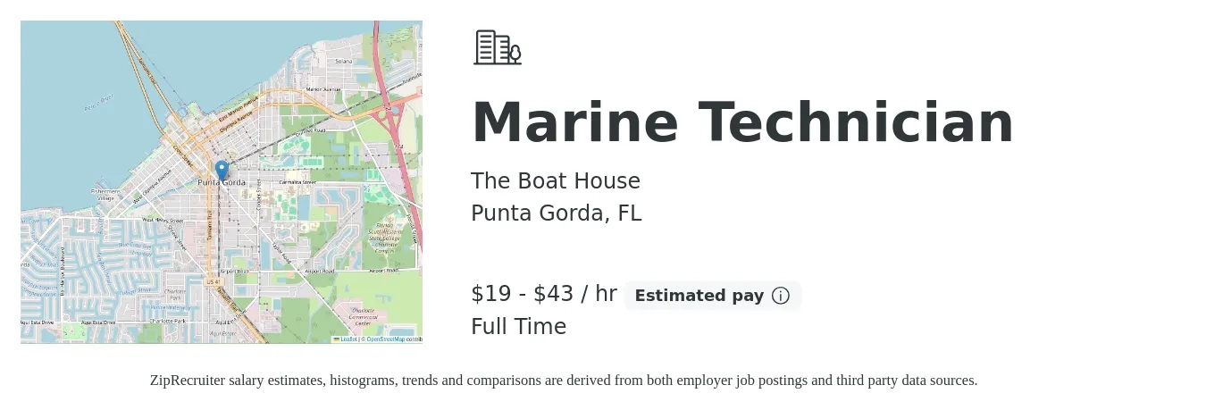 The Boat House job posting for a Marine Technician in Punta Gorda, FL with a salary of $20 to $45 Hourly with a map of Punta Gorda location.