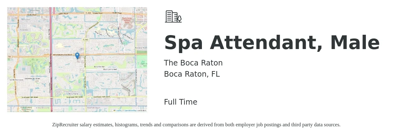 The Boca Raton job posting for a Spa Attendant, Male in Boca Raton, FL with a salary of $13 to $17 Hourly with a map of Boca Raton location.