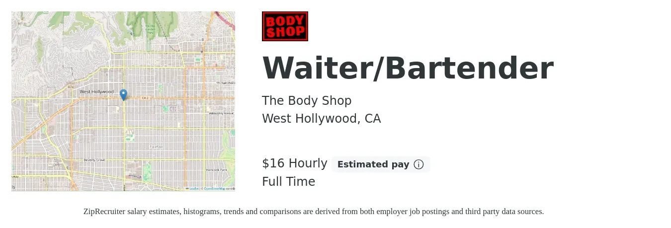 The Body Shop job posting for a Waiter/Bartender in West Hollywood, CA with a salary of $17 Hourly (plus commission) with a map of West Hollywood location.