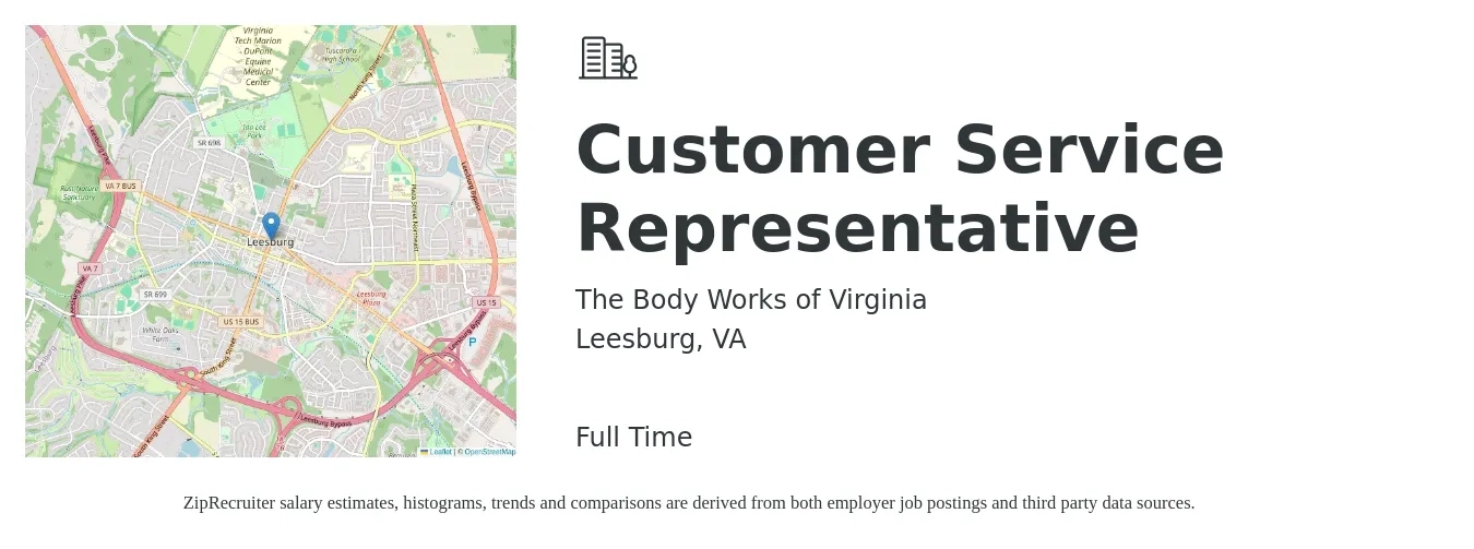 The Body Works of Virginia job posting for a Customer Service Representative in Leesburg, VA with a salary of $17 to $23 Hourly with a map of Leesburg location.