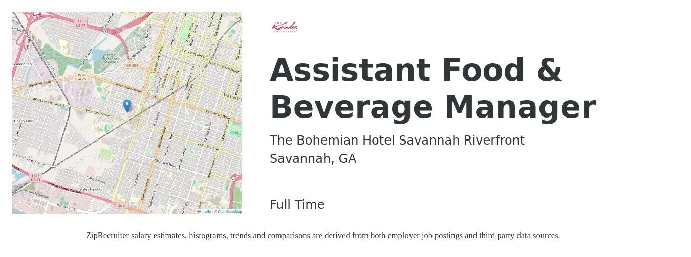 Bohemian Hotel Savannah Riverfront job posting for a Assistant Food & Beverage Manager in Savannah, GA with a salary of $44,700 to $60,100 Yearly with a map of Savannah location.