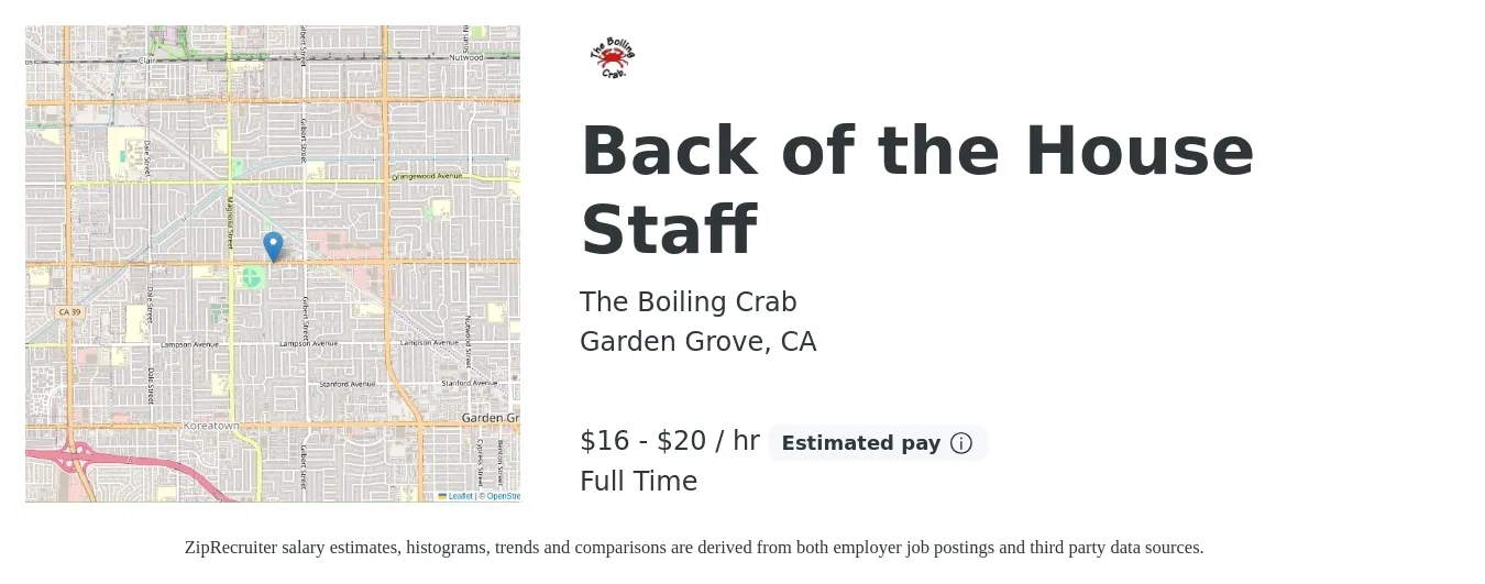 The Boiling Crab job posting for a Back of the House Staff in Garden Grove, CA with a salary of $17 to $21 Hourly with a map of Garden Grove location.