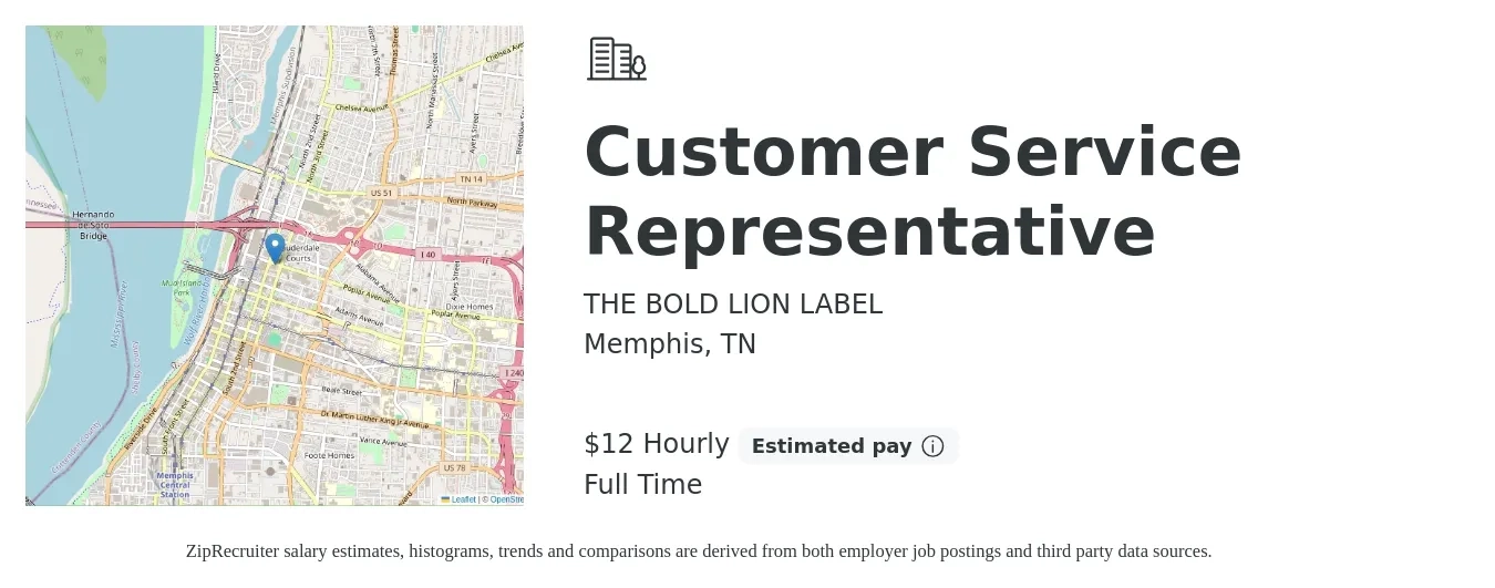 THE BOLD LION LABEL job posting for a Customer Service Representative in Memphis, TN with a salary of $13 Hourly with a map of Memphis location.