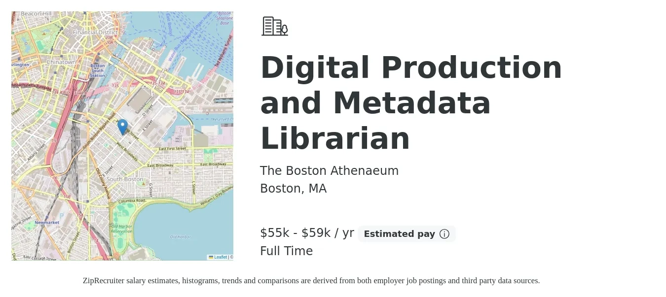 The Boston Athenaeum job posting for a Digital Production and Metadata Librarian in Boston, MA with a salary of $55,000 to $59,000 Yearly with a map of Boston location.