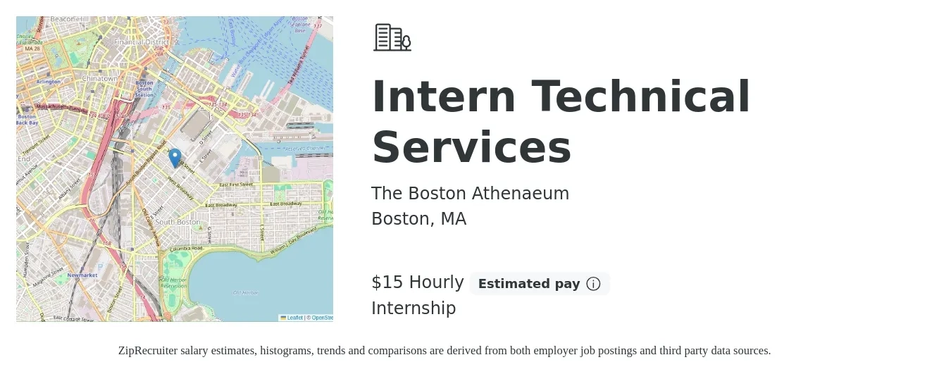 The Boston Athenaeum job posting for a Intern Technical Services in Boston, MA with a salary of $16 Hourly with a map of Boston location.