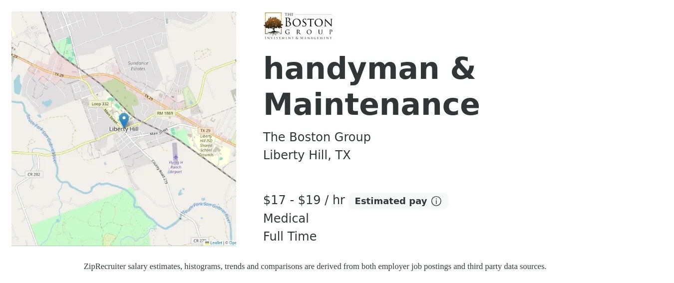 The Boston Group job posting for a handyman & Maintenance in Liberty Hill, TX with a salary of $18 to $20 Hourly and benefits including retirement, and medical with a map of Liberty Hill location.