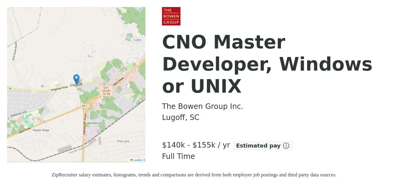 The Bowen Group Inc. job posting for a CNO Master Developer, Windows or UNIX in Lugoff, SC with a salary of $140,000 to $155,000 Yearly with a map of Lugoff location.
