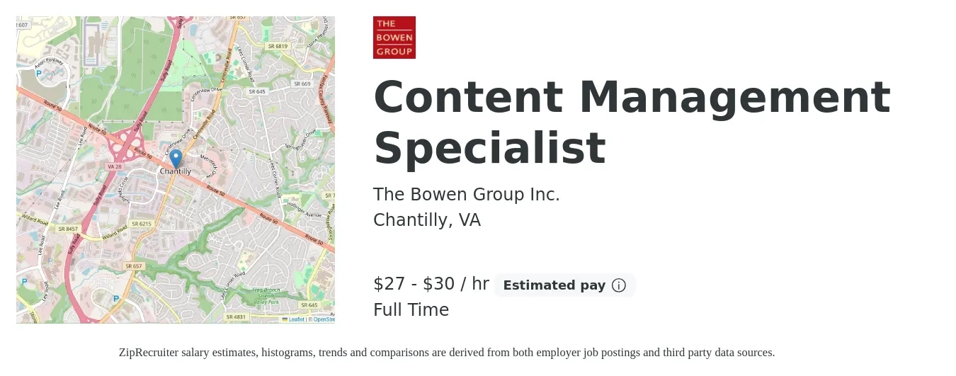 The Bowen Group Inc. job posting for a Content Management Specialist in Chantilly, VA with a salary of $60,000 to $65,000 Yearly with a map of Chantilly location.