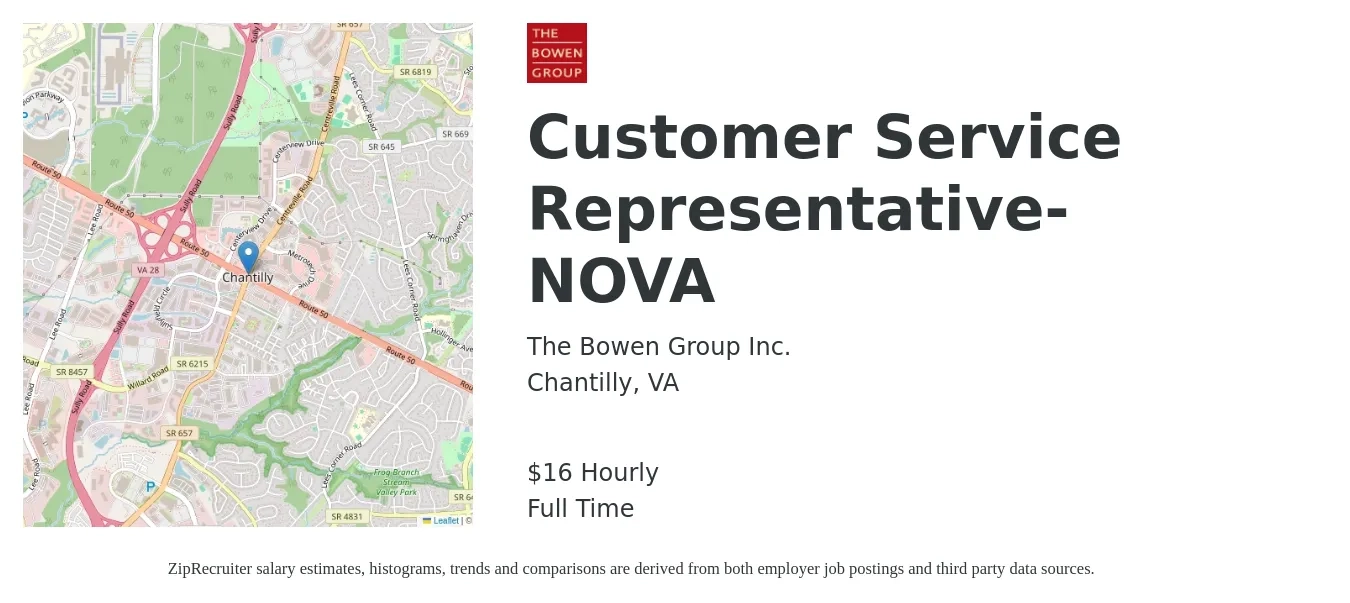 The Bowen Group Inc. job posting for a Customer Service Representative- NOVA in Chantilly, VA with a salary of $17 Hourly with a map of Chantilly location.