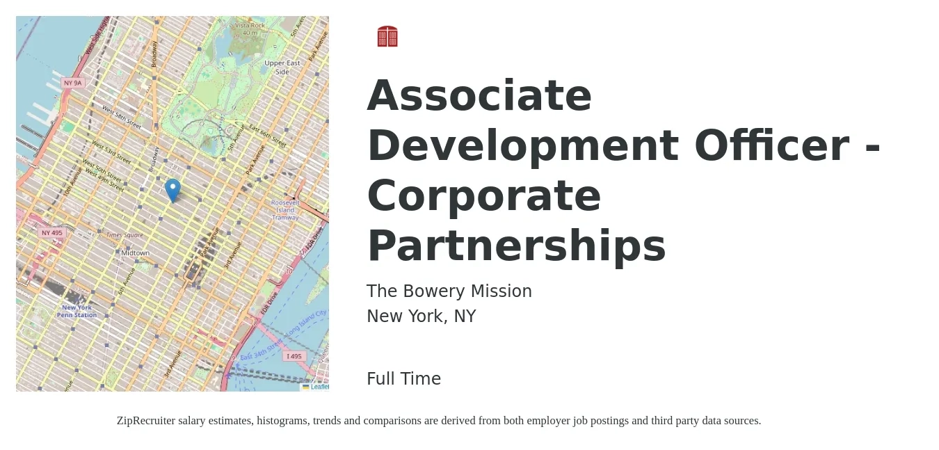 The Bowery Mission job posting for a Associate Development Officer - Corporate Partnerships in New York, NY with a salary of $65,000 to $70,000 Yearly with a map of New York location.