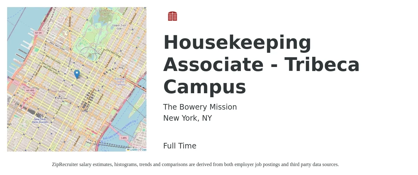 The Bowery Mission job posting for a Housekeeping Associate - Tribeca Campus in New York, NY with a salary of $18 to $19 Hourly with a map of New York location.