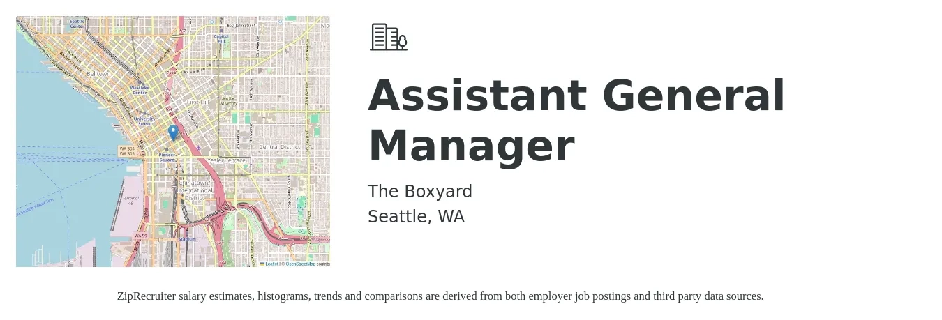 The Boxyard job posting for a Assistant General Manager in Seattle, WA with a salary of $70,000 to $80,000 Yearly with a map of Seattle location.