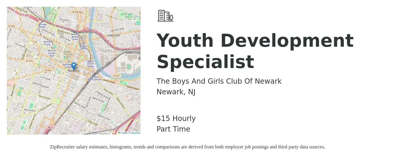The Boys And Girls Club Of Newark job posting for a Youth Development Specialist in Newark, NJ with a salary of $16 to $19 Hourly with a map of Newark location.