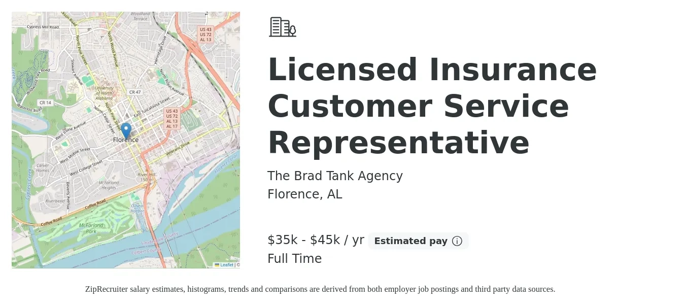 The Brad Tank Agency job posting for a Licensed Insurance Customer Service Representative in Florence, AL with a salary of $35,000 to $45,000 Yearly with a map of Florence location.