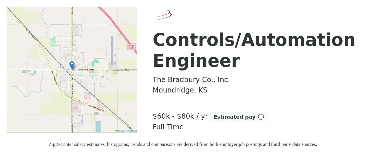 The Bradbury Company job posting for a Controls/Automation Engineer in Moundridge, KS with a salary of $60,000 to $80,000 Yearly with a map of Moundridge location.