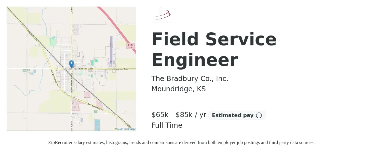 The Bradbury Company job posting for a Field Service Engineer in Moundridge, KS with a salary of $65,000 to $85,000 Yearly with a map of Moundridge location.