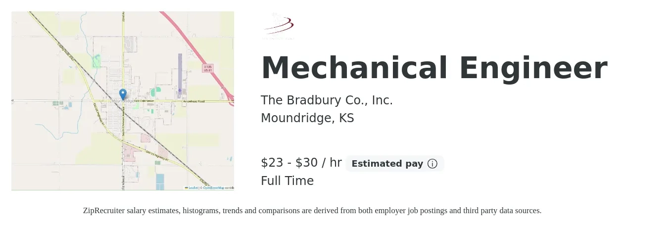 The Bradbury Company job posting for a Mechanical Engineer in Moundridge, KS with a salary of $24 to $32 Hourly with a map of Moundridge location.