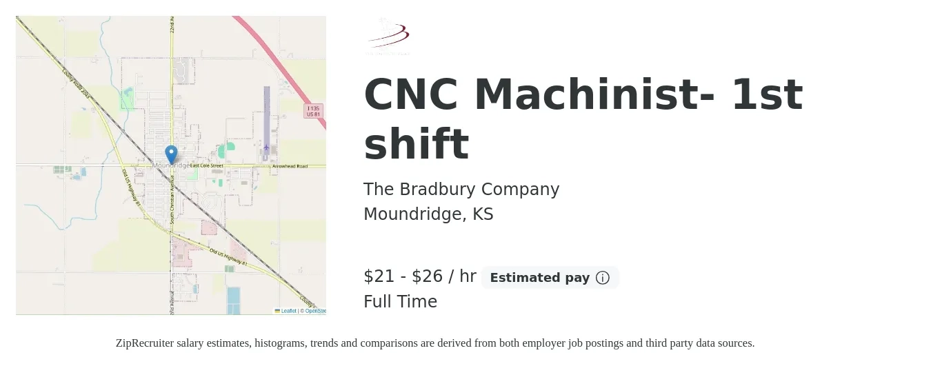 The Bradbury Company job posting for a CNC Machinist- 1st shift in Moundridge, KS with a salary of $22 to $28 Hourly with a map of Moundridge location.