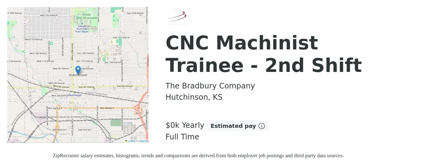 The Bradbury Company job posting for a CNC Machinist Trainee - 2nd Shift in Hutchinson, KS with a salary of $20 to $27 Hourly with a map of Hutchinson location.