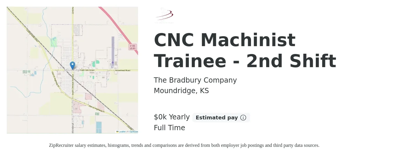The Bradbury Company job posting for a CNC Machinist Trainee - 2nd Shift in Moundridge, KS with a salary of $20 to $27 Hourly with a map of Moundridge location.