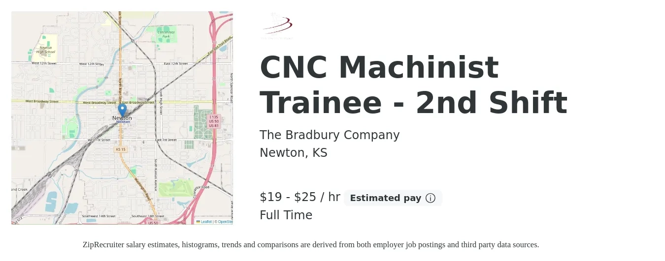 The Bradbury Company job posting for a CNC Machinist Trainee - 2nd Shift in Newton, KS with a salary of $20 to $27 Hourly with a map of Newton location.